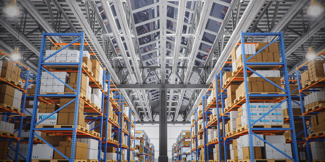 Warehouse with cardboard boxes inside on pallets racks, logistic center. Huge, large modern warehouse. Warehouse filled with cardboard boxes on shelves, boxes stand on pallets, 3D Illustration